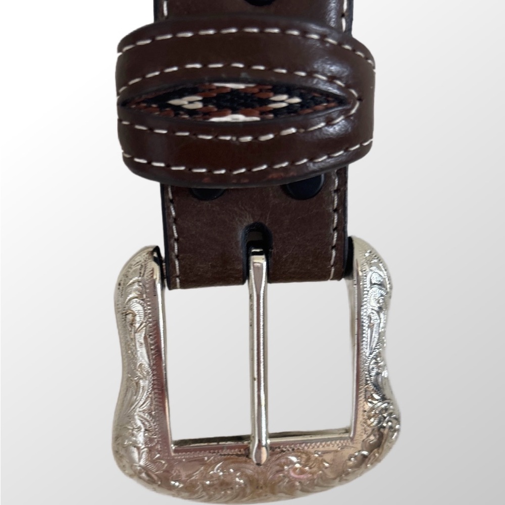 Men’s Brown Leather Western Belt with Silver Buckle Size 38
